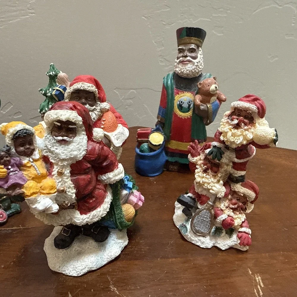 Vintage African American Black Santa Claus Resin Figurine Lot of 5 Christmas